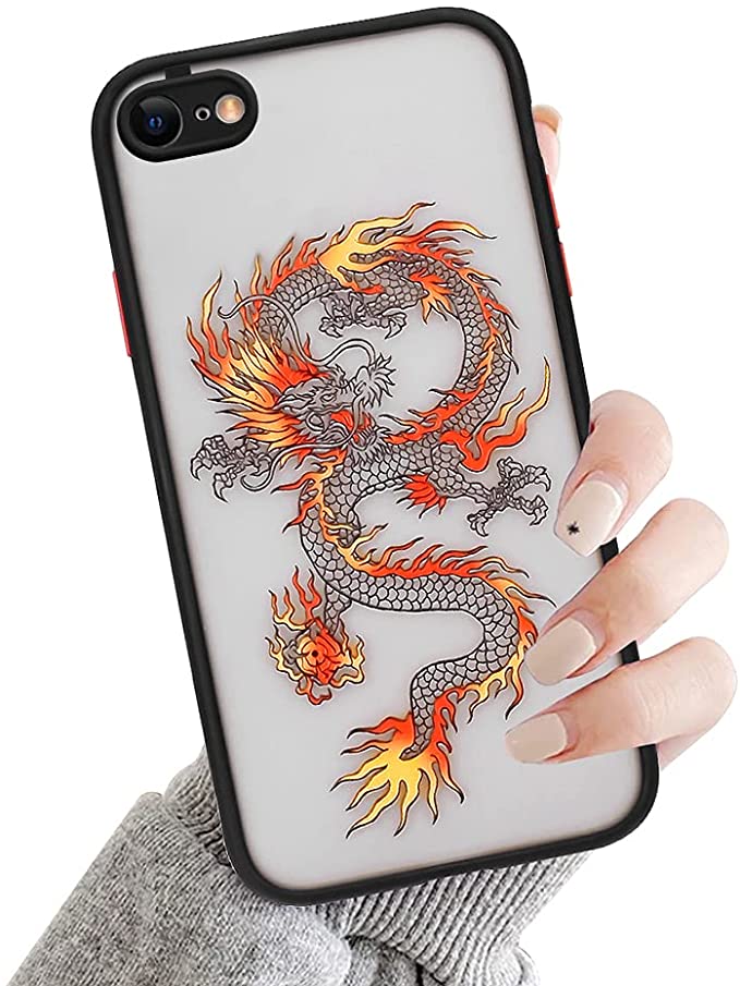 Ownest Compatible with iPhone 7/8/SE 2020 Case for Clear Fashion Animal Dragon Cartoon Pattern Frosted PC Back 3D and Soft TPU Bumper Silicone Protective Case for iPhone 7/8/SE 2020-Orange