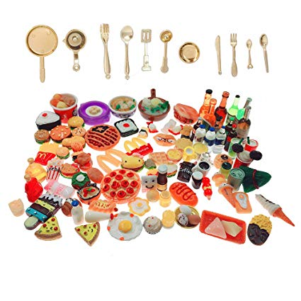 SIX VANKA Miniature Food Toys 110pcs Mixed Resin Pizza Hamburgers French Fries Drinks Decoration Tableware Doll House Playset for Childrens Pretend Play Kitchen Cooking Game Birthday Party Presents