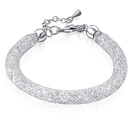 Mytys Fashion Bracelet Mesh Crystal Fishnet Bracelets Silver Bangle for Women Girls