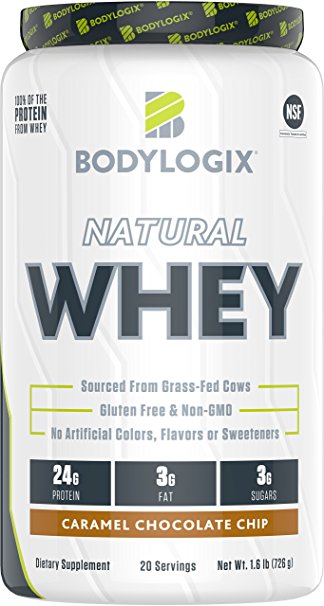 Bodylogix Natural Grass-Fed Whey Protein Powder, NSF Certified, Caramel Chocolate Chip, 1.6 Pound