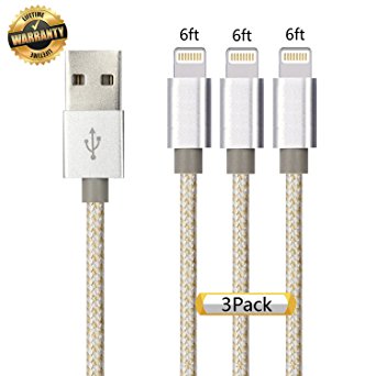 iPhone Cable 3Pack 6FT, GUIGUI Extra Long Nylon Braided Charging Cord Lightning Cable to USB Charger for iPhone 7, 7 Plus, 6S, 6, SE, 5S, 5, iPad, iPod Nano 7 - Gold Silver