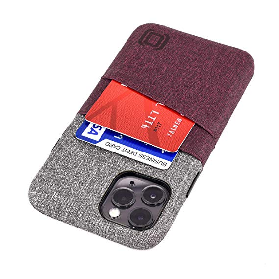 Dockem Luxe M2 Card Case for iPhone 11 Pro (5.8): Built-in Invisible Metal Plate, Designed for Magnetic Mounting: Slim Canvas Style Synthetic Leather Wallet Case (Maroon & Grey)
