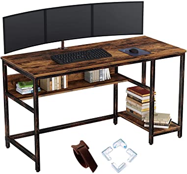 Rolanstar Computer Desk with Shelves, 55" Home Office Desk, Study Writing Desk, Sturdy Table, Workstation, Stable Metal Frame, Rustic Brown