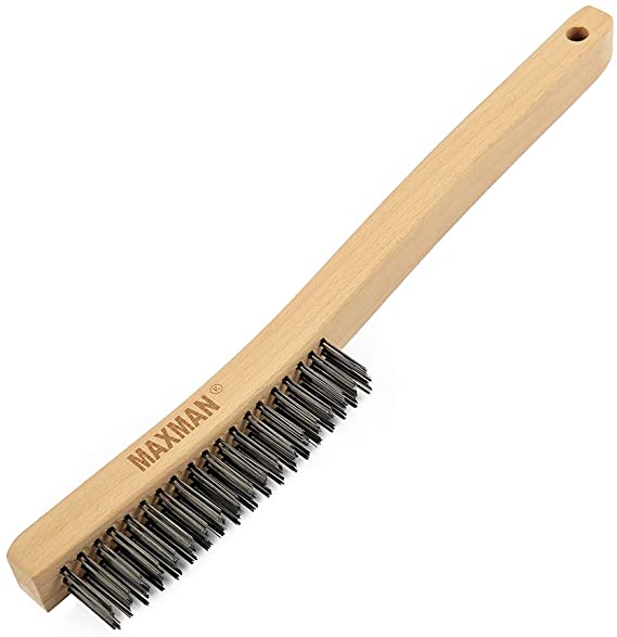 Wire Brush,Heavy Duty Carbon Steel Wire Scratch Brush for Cleaning Rust with 14" Long Curved Beechwood Handle,Large