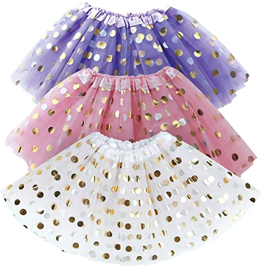 Polka Dot Tutu for Toddler Girls – White, Pink, Purple Tulle Girl Tutus Set w. Gold Dots – Dress Up Party Costume, Birthday Gift, Christmas Present, Kids Pretend Princess Parties– 3 Pack