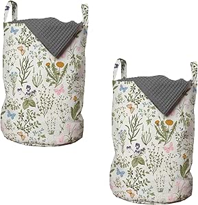 Ambesonne Floral Laundry Bag Pack of 2, Vintage Garden Plants Herbs Flowers Botanical Classic Design Art, Hamper Basket with Handles Drawstring Closure, 13" x 19", Reseda Green Beige