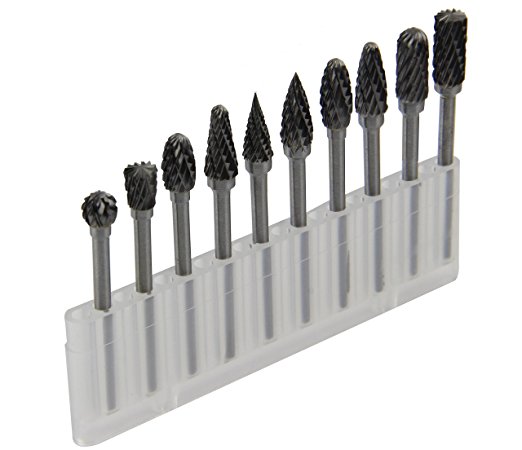 YXGOOD 10 Pieces Tungsten Carbide Double Cut Rotary Burr Set with 3 mm (1/8 Inch) Shank and 6 mm (1/4 Inch) Head Size