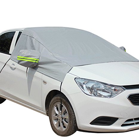 Windshield Snow Cover Sun Shade Dust Ice Frost Wind Proof Wipers Car Protection Protector with Bungee Straps Hooks & Reflective Warning Bar on Mirror & Storage Pouch Universal for SUV Most Vehicles