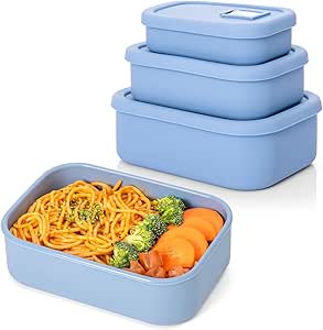 Silicone Food Storage Containers, Set of 3 Leakproof Storage Containers with Lids, Nesting Meal Prep Containers BPA Free Silicone Lunch Bento Box