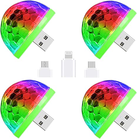 CZS USB Disco Ball Light Sound Activated LED Atmosphere Party Light Mini Portable DJ Ball Strobe Light with Adapters for Smart Phones,4W (4 Pack)