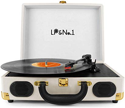 LP&No.1 Portable Suitcase Turntable with Stereo Speaker,3 Speeds Belt-Drive Vinyl Record Player White
