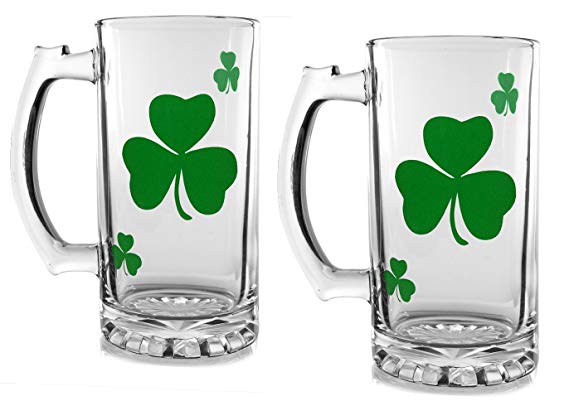 Irish Beer Mugs - Set of 2 Clear Glass Beer Stein with Green Shamrock Design - St. Patrick's Day Mug