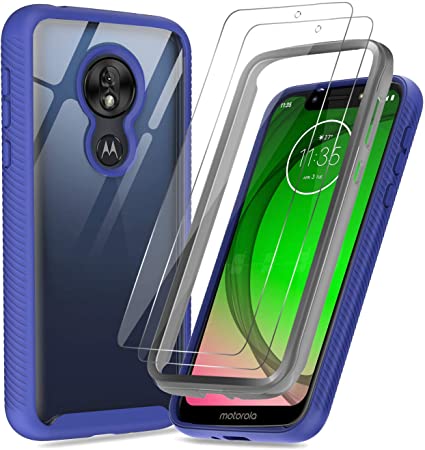 Moto G7 Play Case, Motorola G7 Play Case with Tempered Glass Screen Protector [2 Pack], LeYi Full-Body Rugged Hybrid Bumper Shockproof Clear Protective Phone Cover Cases for Moto G7 Play Navy Blue