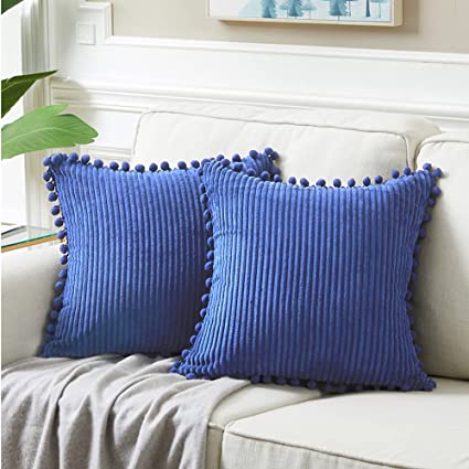 Fancy Homi 2 Packs Royal Blue Decorative Throw Pillow Covers 16x16 Inch with Pom poms, Boho Farmhouse Home Decor, Soft Corduroy Accent Square Cushion Case for Living Room Couch Bed Sofa 40x40 cm