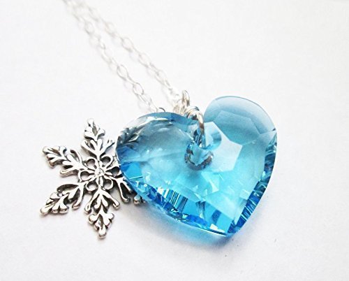Blue Swarovski necklace, Blue Heart pendant, Swarovski crystal jewelry, Aquamarine necklaces, 925 Sterling Silver jewelry, Snowflake frozen crystal, Holiday gift idea