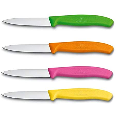 Victorinox Swiss Stainless Steel Paring Knife 3.25 Inch Straight Edge, Spear Point (Set of 4) Green, Orange, Pink and Yellow