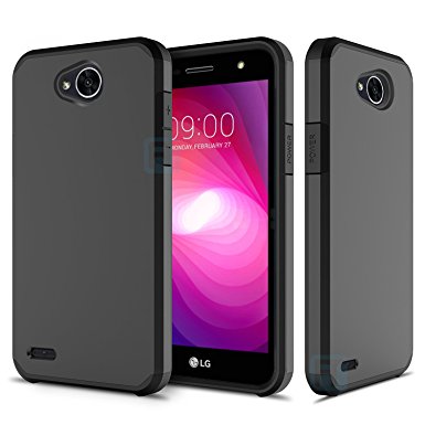 LG X Power 2 Case, LG Fiesta Case, LG X Charge Case, ATUS - Hybrid Dual Layer Hard Cover TPU Case With Tempered Glass Screen Protector (Black/Black)