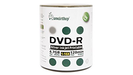 Smart Buy 100 Pack DVD-R 4.7gb 16x Silver Printable Inkjet Blank Record Disc, 100 Disc 100pk