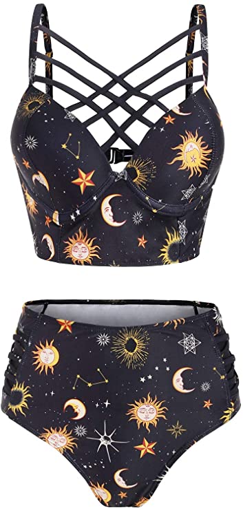 JMSUN Summer Women's Sun Star Moon Lattice High Waisted Tankini Swimsuit