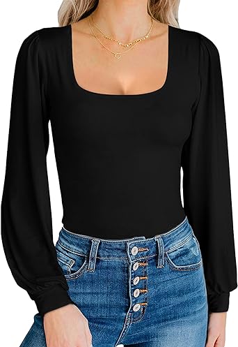 MANGOPOP Square Neck Puff Sleeve Bodysuit Loose Lantern Long Sleeve Body Suit for Women for Going Out