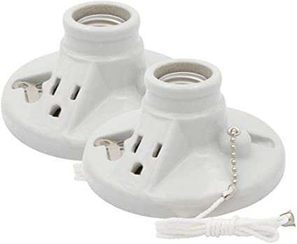 Maxxima Porcelain Lamp Holder, w/Outlet and Pull Chain One-Piece Medium Base, Outlet Box Mount, 660W (2-Pack)