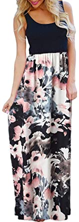 OURS Women's Casual Sleeveless Floral Print Dresses Party Long Maxi Dresses with Pockets