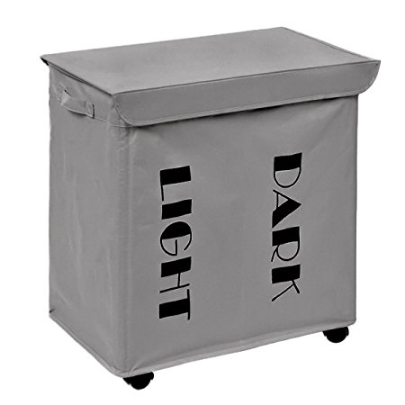 ZERO JET LAG Rolling 2 Section Double Laundry Hamper with Stand Foldable Large Dirty Laundry Hamper Basket Handy Waterproof Sorter and Organizer on Wheels 21.7" x 14.2" x 23.6" (Gray)