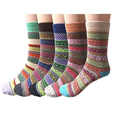 Pack of 5 Womens Vintage Winter Soft Warm Thick Cold Weather Knit Wool Casual Cozy Crew Socks