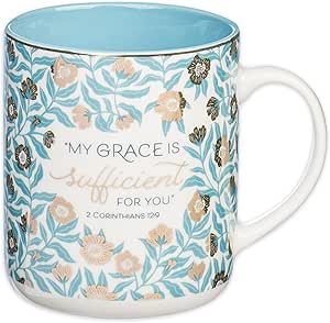 Christian Art Gifts Teal Floral Ceramic Coffee Mug – 14 oz. Lead and Cadmium-free Inspirational Scripture Coffee and Tea Mug for Women with Bible Verse: My Grace is Sufficient – 2 Corinthian 12:9