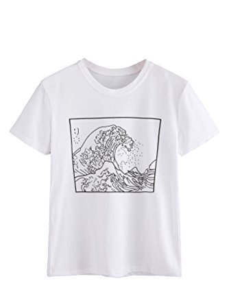 Romwe Women's Short Sleeve Top Casual The Great Wave Off Kanagawa Graphic Print Tee Shirt