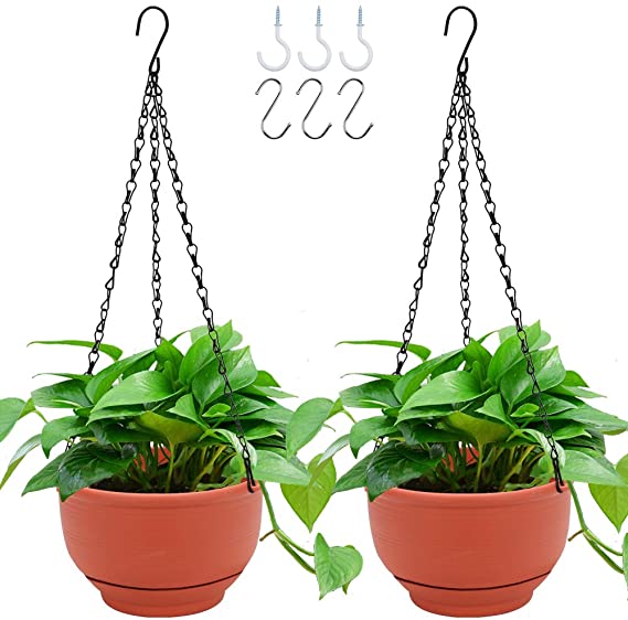 GROWNEER 2 Packs 8 Inches Plastic Hanging Planter Self Watering Basket with 6 Pcs Hooks, Hanging Flower Pot with Detachable Base for Garden Indoor Outdoor Home Decoration (Terracotta Color)