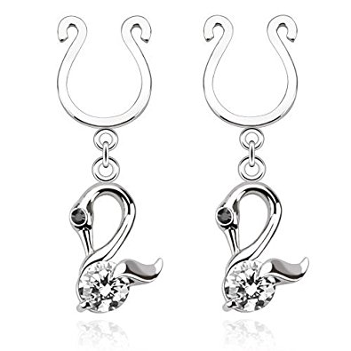 Swan Dangle Clip on Non-Pierce Fake Nipple Rings With Single CZ - Sold as a Pair