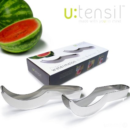 u:tensil PREMIUM WATERMELON SLICER & SERVER 2 PACK ◉ Cool Cutter Tool & Tongs For Coring & Scooping Nutritional Melon Fruit Meat ◉ Best Stainless Steel Kitchen Gadget Utensil Accessory Or Gift Item