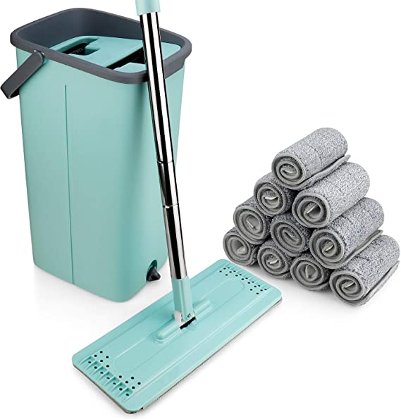 eXuby Mop and Bucket with 10 Washable Microfiber Mop Heads - 360° Cleaning Range - Includes Two 5-Liter Containers w/Separate Drain Plugs Floor Types