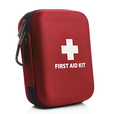 160 Piece Premium First Aid Kit Hard Case (Red) - 3 x Eye Wash, Cold Pack, Tough Cut Scissors, Metal Tweezer & Much More