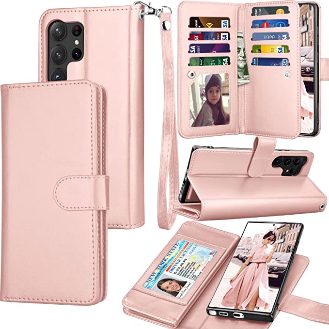 Galaxy S23 Ultra Case, Galaxy S23 Ultra 5G Wallet Case, Tekcoo Luxury PU Leather ID Cash Credit Card Slots Holder Carrying Flip Cover [Detachable Magnetic Hard Case] for Samsung S23 Ultra [Rose Gold]