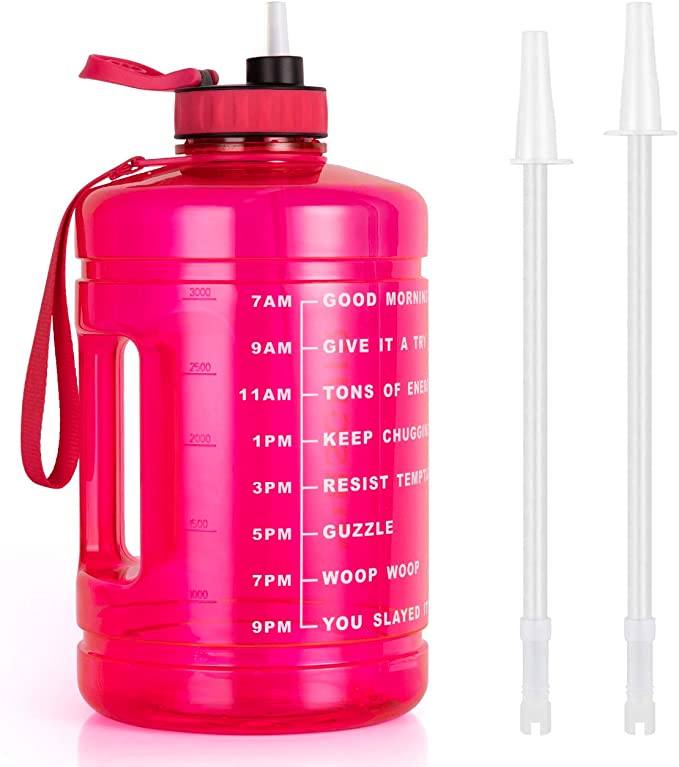 Vinsguir 1 Gallon Water Bottle, BPA Free Large 128oz Leakproof Fitness Sports Gallon Jug with Motivational Time Marker & Straw (Hot Pink)