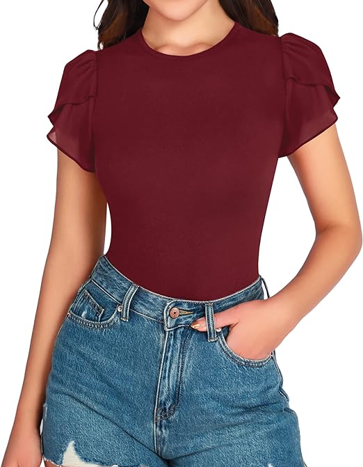 MANGOPOP Short Sleeve Bodysuit for Women Round Neck Womens Tops Blouses Tops for Going Out