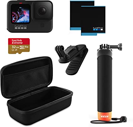 GoPro HERO9 Black Bundle Includes HERO9 Black Camera, The Handler (Floating Hand Grip), Magnetic Swivel Clip, 32GB SD Card, Spare Rechargeable Battery, and Camera Case