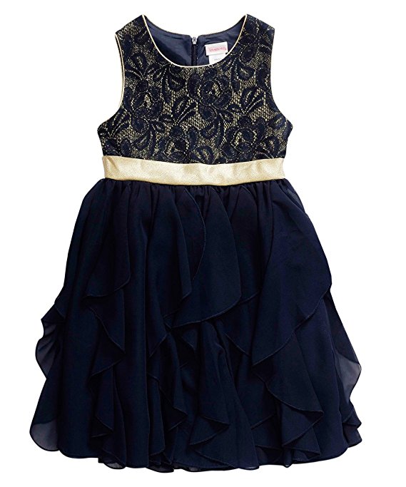 Youngland Girls' Sleeveless Knit to Chiffon Waterfall Dress with Gold Waistline
