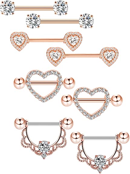 Tatuo 4 Pairs Stainless Steel Nipple Rings Tongue Ring Piercing Body Jewelry Barbell CZ Heart Shape Rings for Women Girls