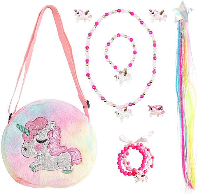 Elesa Miracle Little Girl Unicorn Plush Purse Handbag Kids Necklace Bracelet Clip on Earrings Wigs Pretend Play Toy Playset Jewelry Value Set