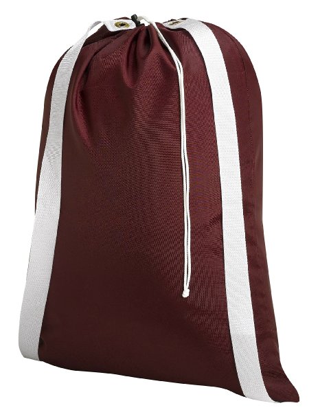 Backpack Laundry Bag, Burgundy - 22" X 28" - Two shoulder straps for easy backpack carrying and drawstring closure. These nylon laundry bags come in a variety of attractive colors and patterns.