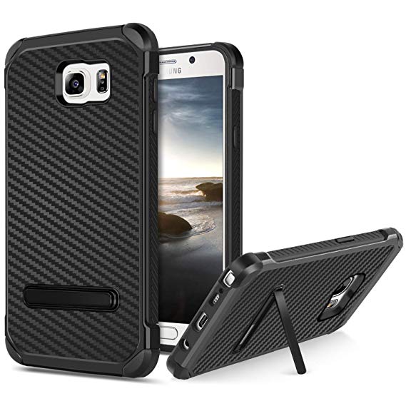 BENTOBEN Phone Case for Samsung Note 5, Case for Galaxy Note 5 with Kickstand, Hybrid Hard PC Cover Flexible TPU Bumper Chrome Carbon Fiber Texture Shockproof Protective Case for Samsung Note 5, Black