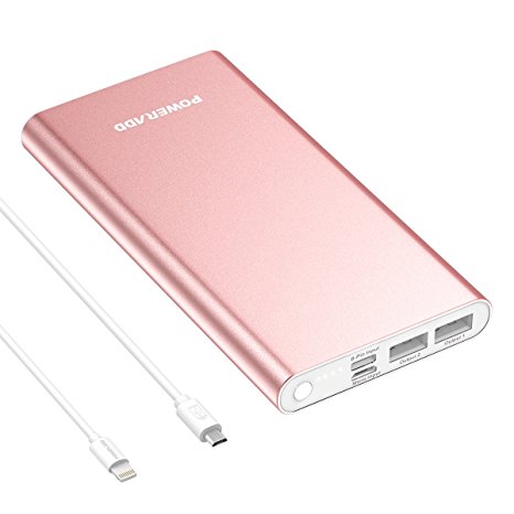 Poweradd Pilot 4GS Pro 12000mAh Power Bank (Lightning & Micro Input, Dual 3A Output) with Smart Charge for iPhone, iPad, Samsung, LG, HTC and More - Rose Gold