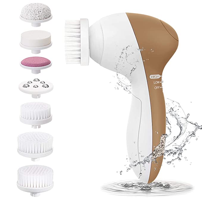 Facial Cleansing Brush For Men, PIXNOR Waterproof Face Spin Brush with 7 Brush Heads for Deep Cleansing, Facial Brush for Gentle Exfoliating, Removing Blackhead, Massaging (Brown)