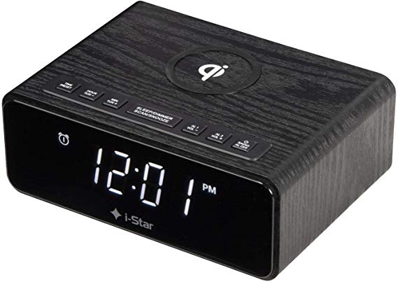 Digital Radio Alarm Clock Bedside Non Ticking Dimmable Wireless Phone QI Charger Electronic 12/24HR FM Radio Mains Powered with Battery Backup