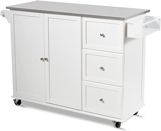 GLACER Kitchen Island Cart on Wheels, Rolling Kitchen Cart with Stainless Steel Countertop, Rolling Kitchen Island for Kitchen, Dining Room, Restaurant, 53 x 18 x 36 inches (White)