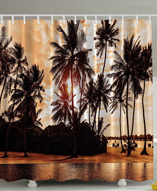 Tropical Beach Shower Curtain Decor Sea Love Beach Love Bora Bora Island Palm Trees Art Print for Nature Lovers Scenery View Decor Home Bathroom Set Decorative Sunset Shower Curtain Brown Orange