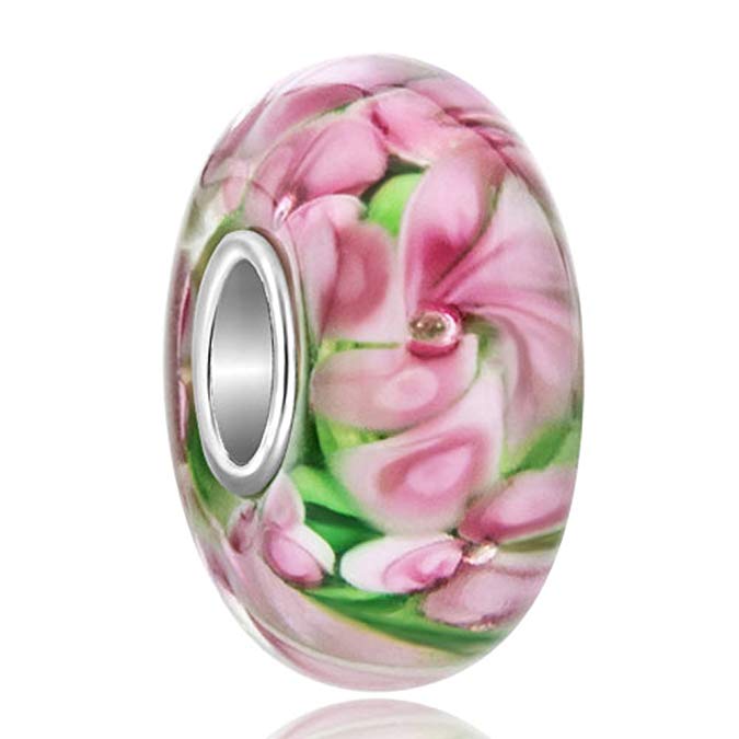 Pink Flower Murano Lampwork Glass Beads 925 Silver Charm Sale fit Pandora Bracelet